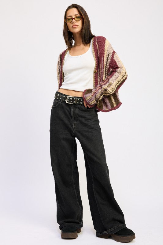 Color mixed cardigan top - model wearing acrylic cardigan front