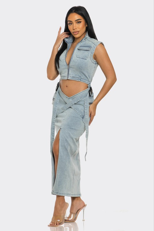 Modern edge denim dress - side view showing deconstructed design