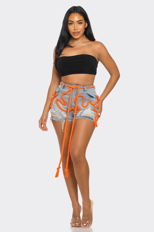 Playful denim shorts with orange drawstring - side view