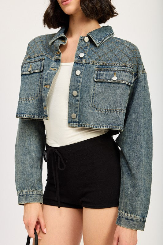 Embroidered denim crop jacket - back view with embroidery detail