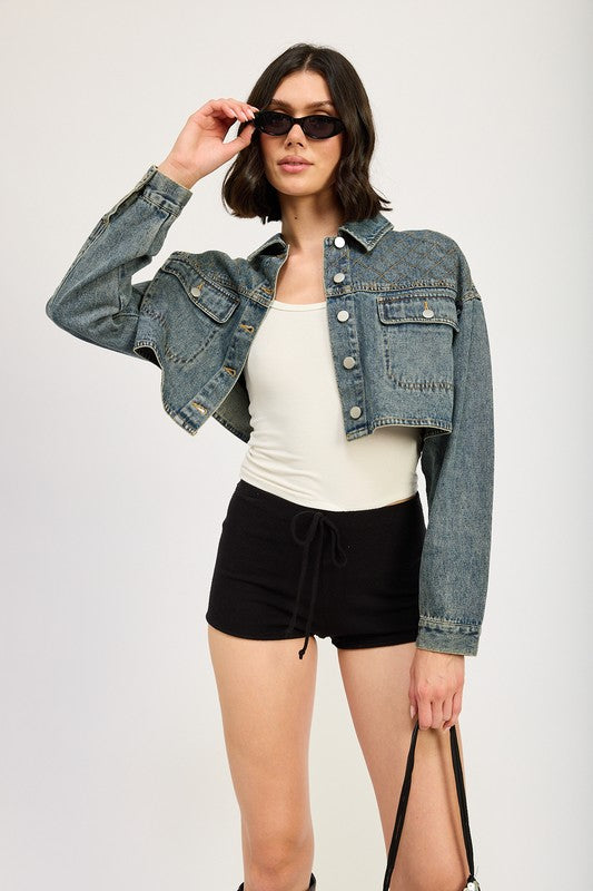 Embroidered denim crop jacket - front view showing embroidery