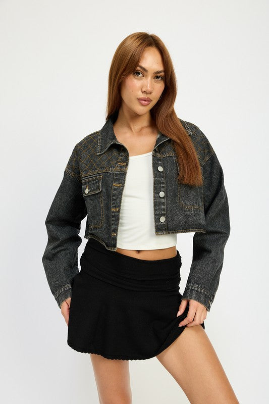 Embroidered denim crop jacket - sleeve detail
