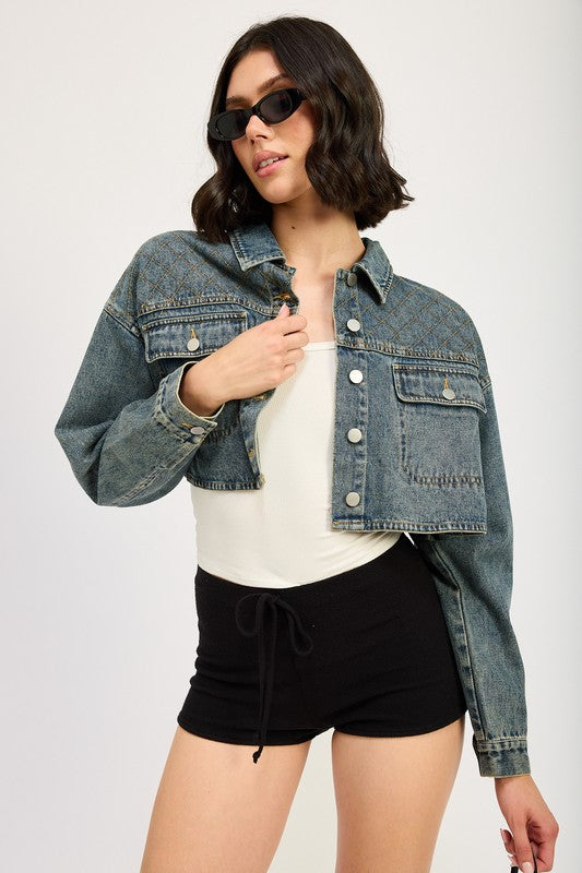 Embroidered denim crop jacket - close-up of embroidery front