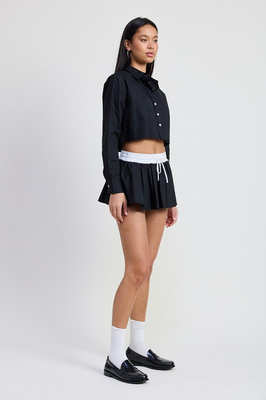 Mini contrast waistband skirt - model wearing 100% cotton skirt front