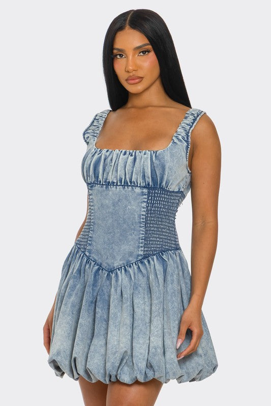Bubble belle denim mini dress - close-up of square neckline