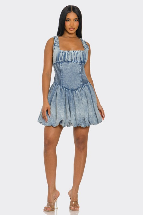 Bubble belle denim mini dress - front view with corset waist