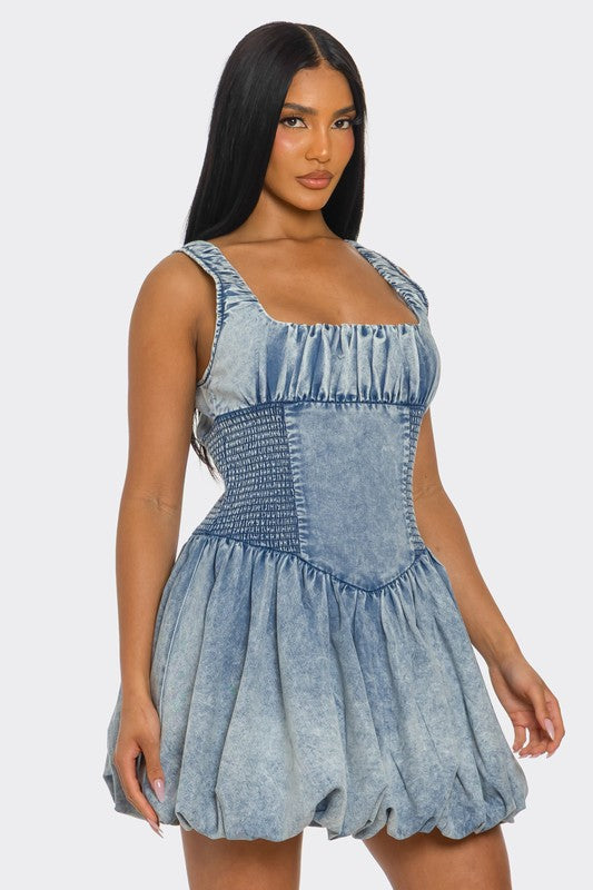 Bubble belle denim mini dress - side view showing bubble hem