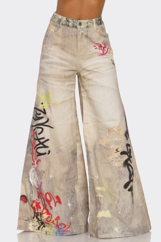 Street poet graffiti wide-leg jeans - front view with graffiti graphics