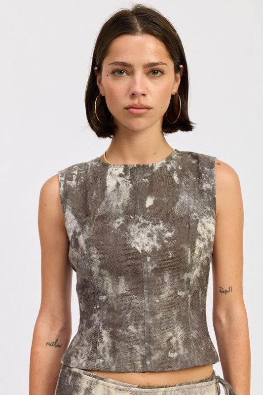 Denim tank top with open back tie - front view