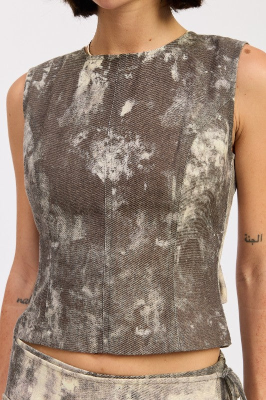 Denim tank top with open back tie - back view showing tie detail