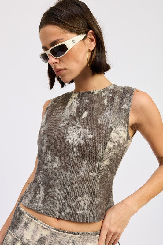 Denim tank top with open back tie - side view