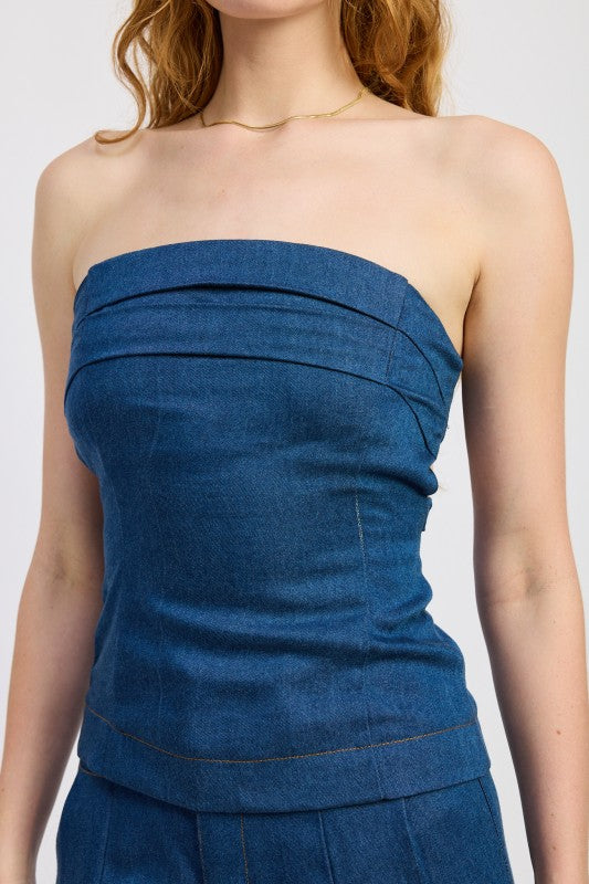 Denim tube top with tie back - back view showing tie detail
