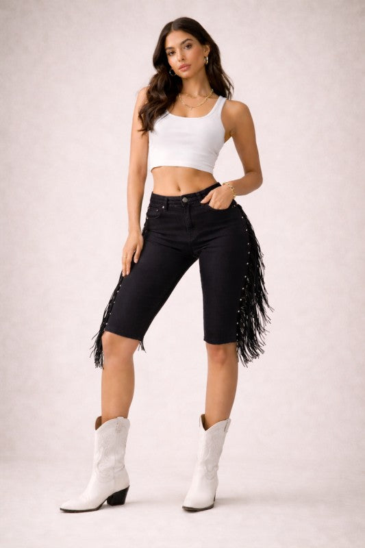 Texas sun capri shorts - black denim with studded fringe detail