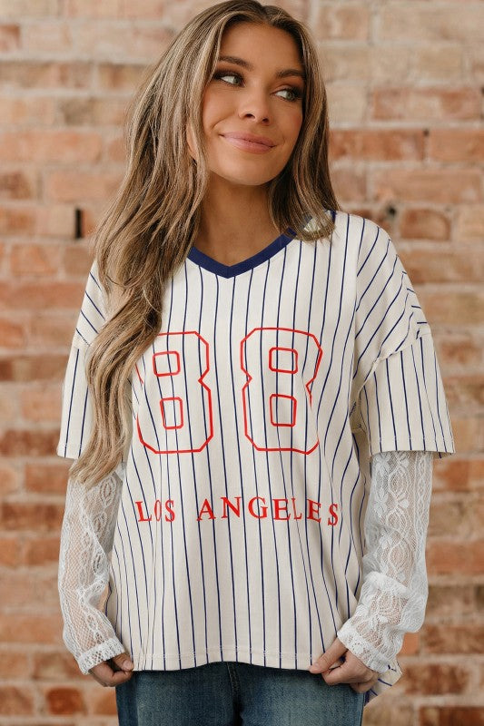 88 LOS ANGELES stripe lace patchwork top - front view
