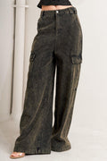 Dark denim cargo pants on a plain background