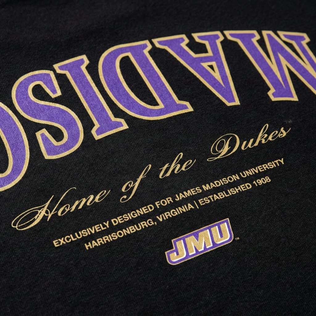 Black t-shirt with 'MADISON' in purple and gold text, and JMU logo.