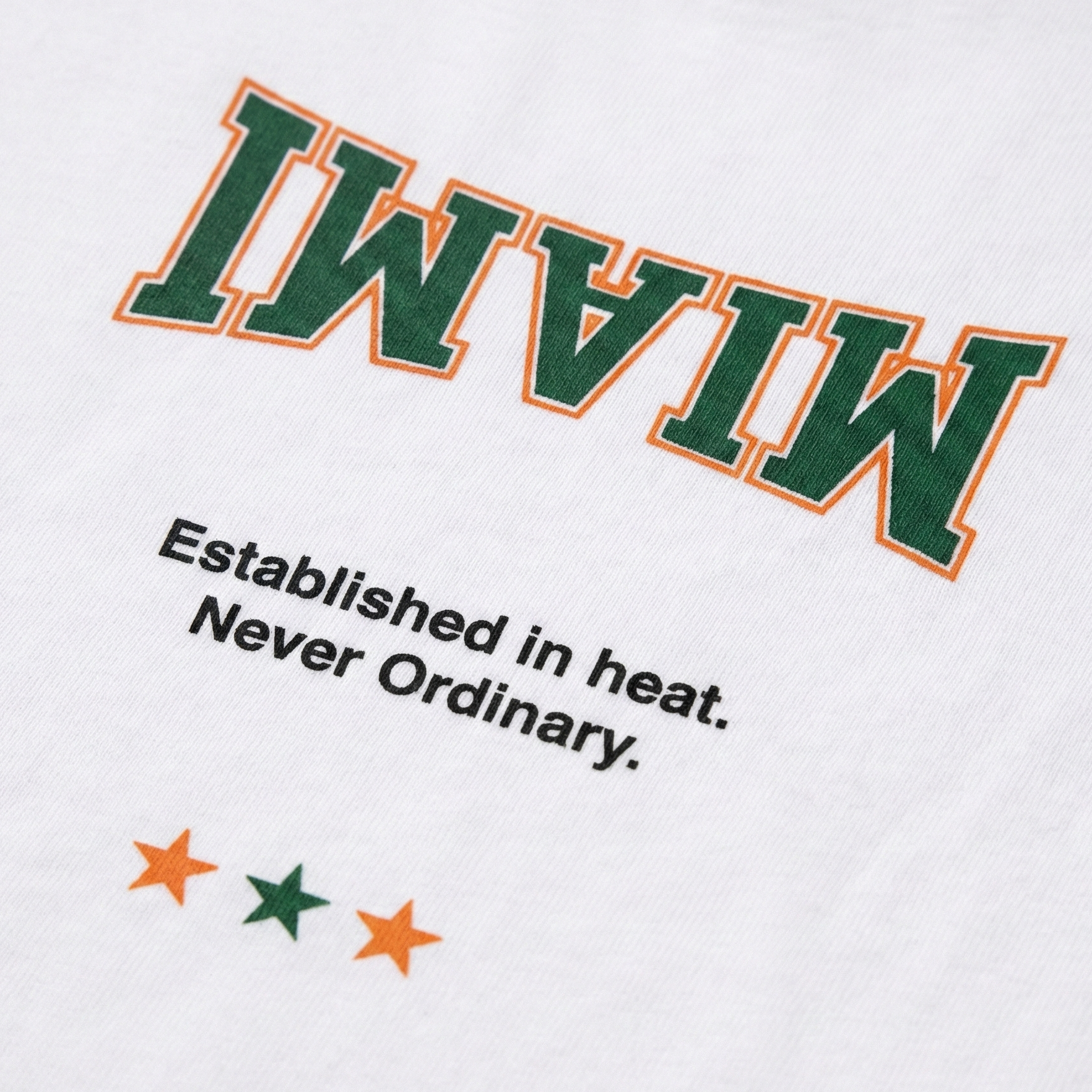 Text 'MIAMI' in green with orange outline on a white background, accompanied by stars and text 'Established in heat. Never Ordinary.