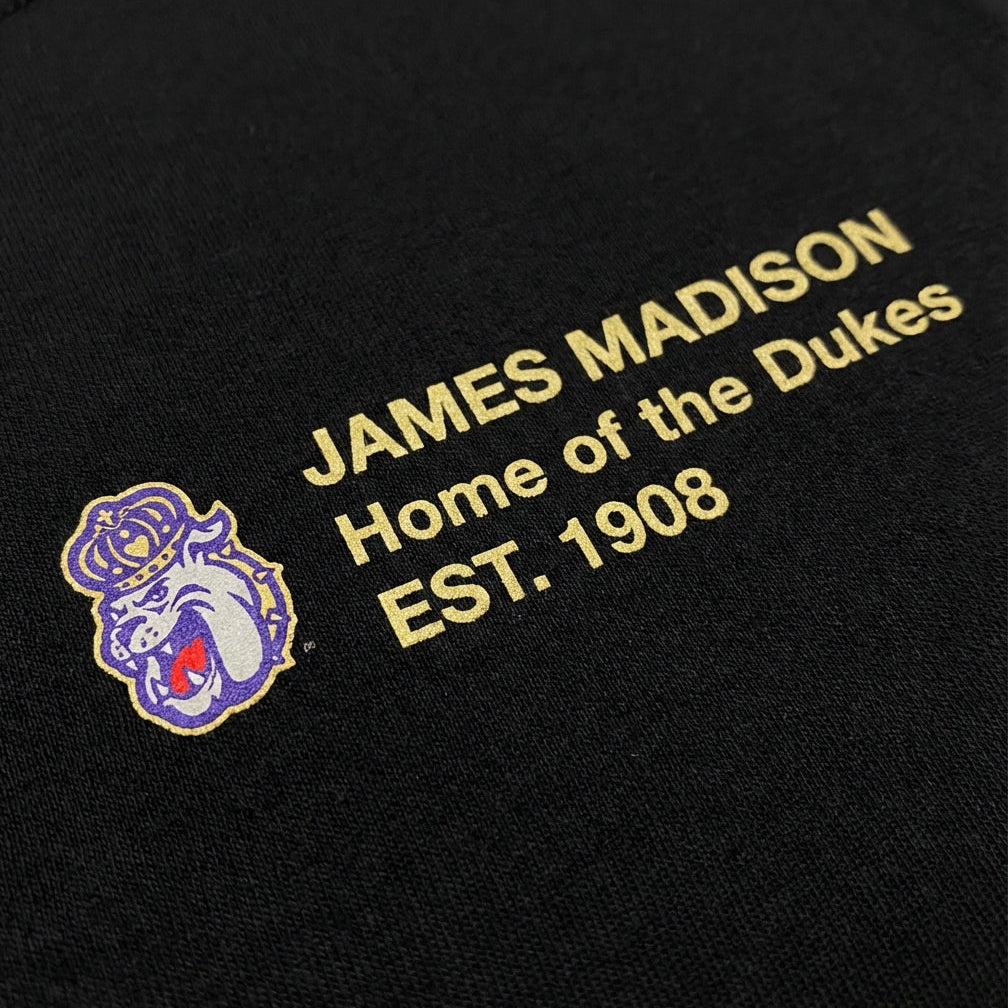 Black t-shirt with 'James Madison Home of the Dukes EST. 1908' text and logo.