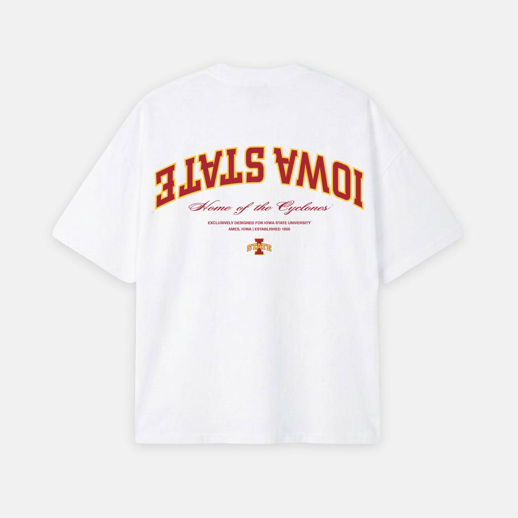White t-shirt with 'Iowa State' text and logo on a white background