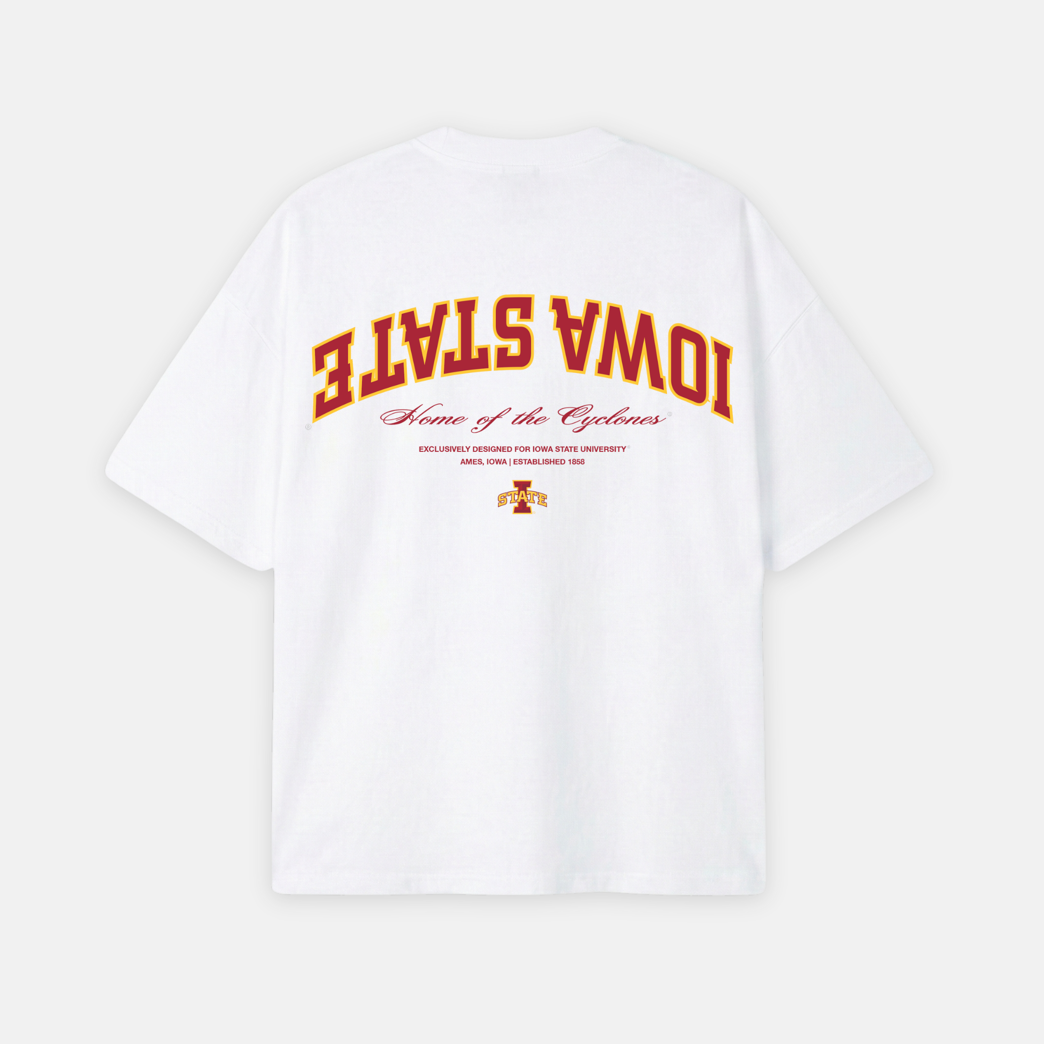 White t-shirt with 'Iowa State' text and logo on a white background