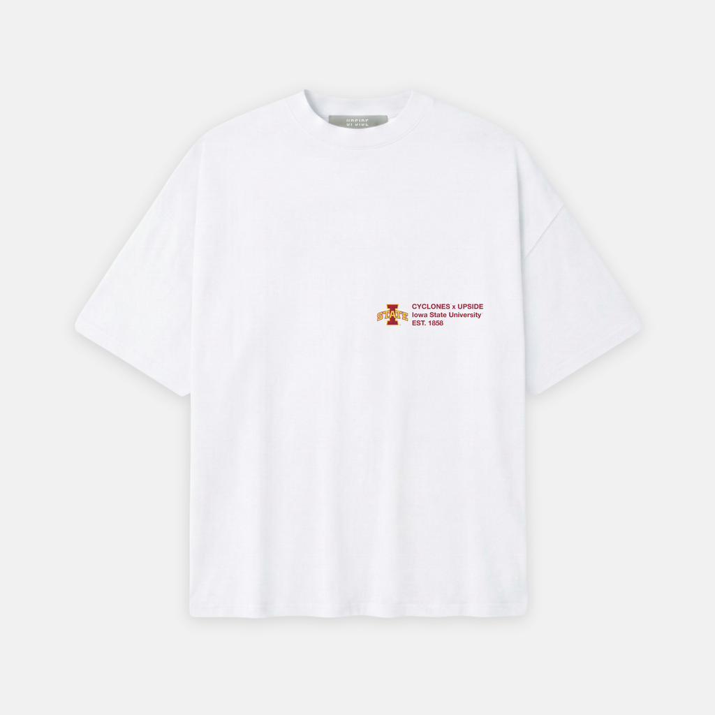 White t-shirt with a small red logo on a white background