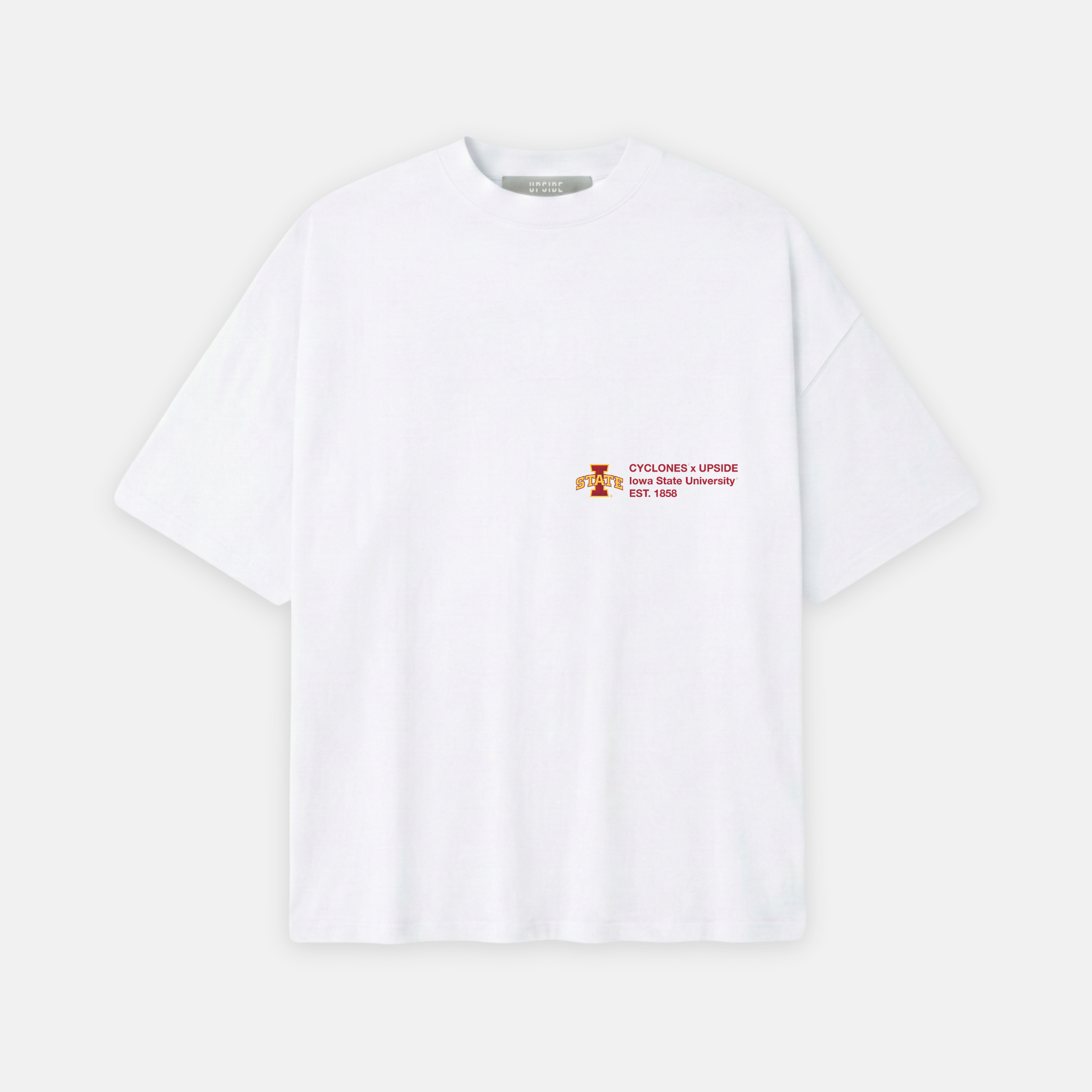 White t-shirt with a small red logo on a white background