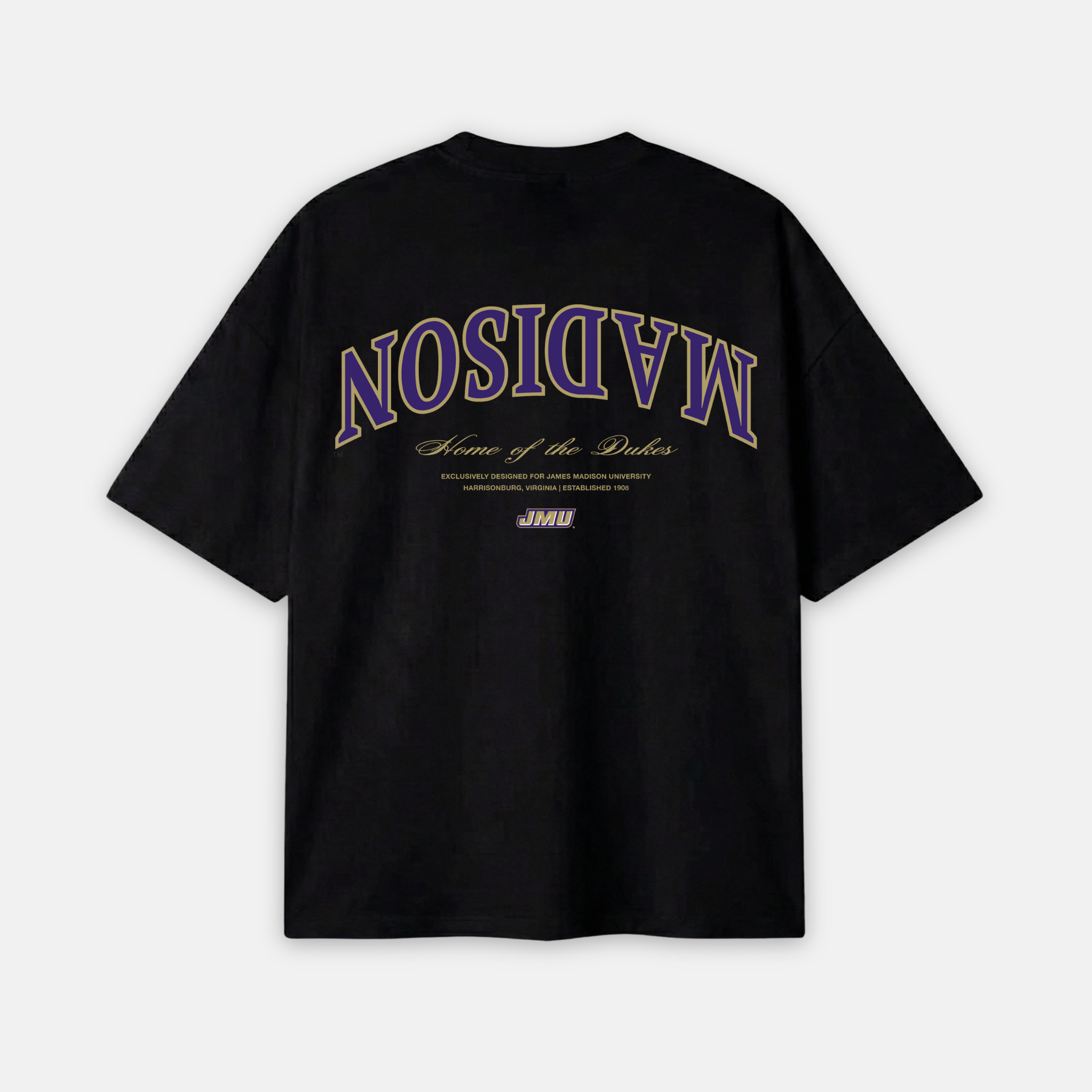Black t-shirt with purple and white text on a white background