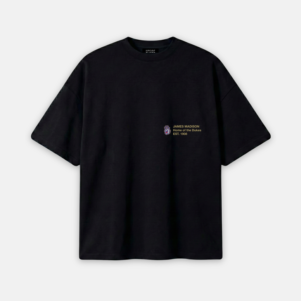 Black t-shirt with a small graphic and text on a white background