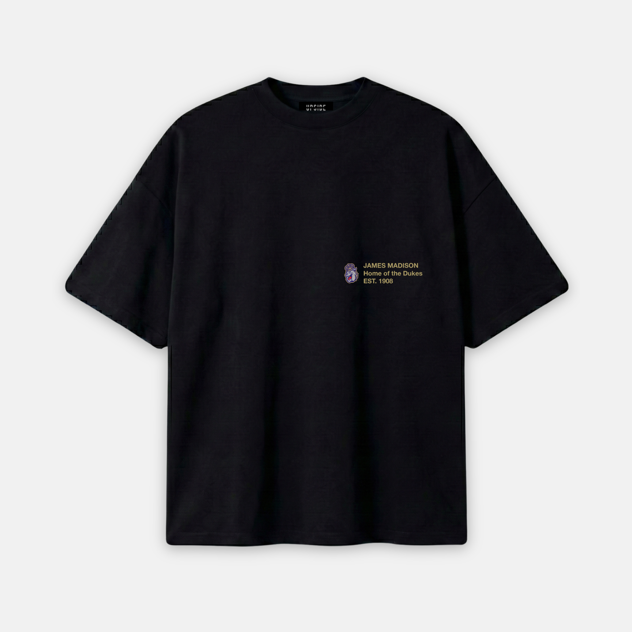 Black t-shirt with a small graphic and text on a white background
