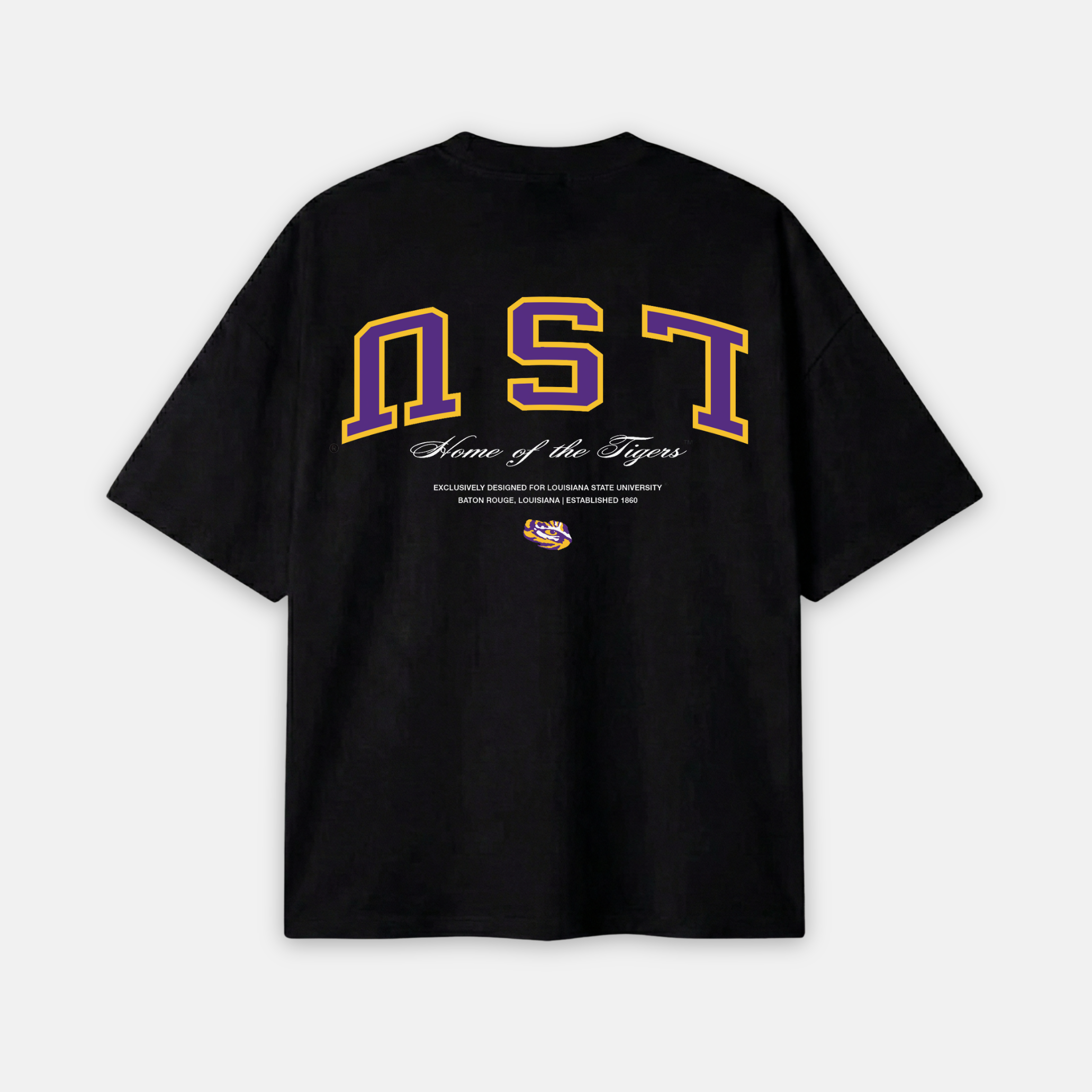 Black t-shirt with 'Home of the Tigers' text and logo on a white background