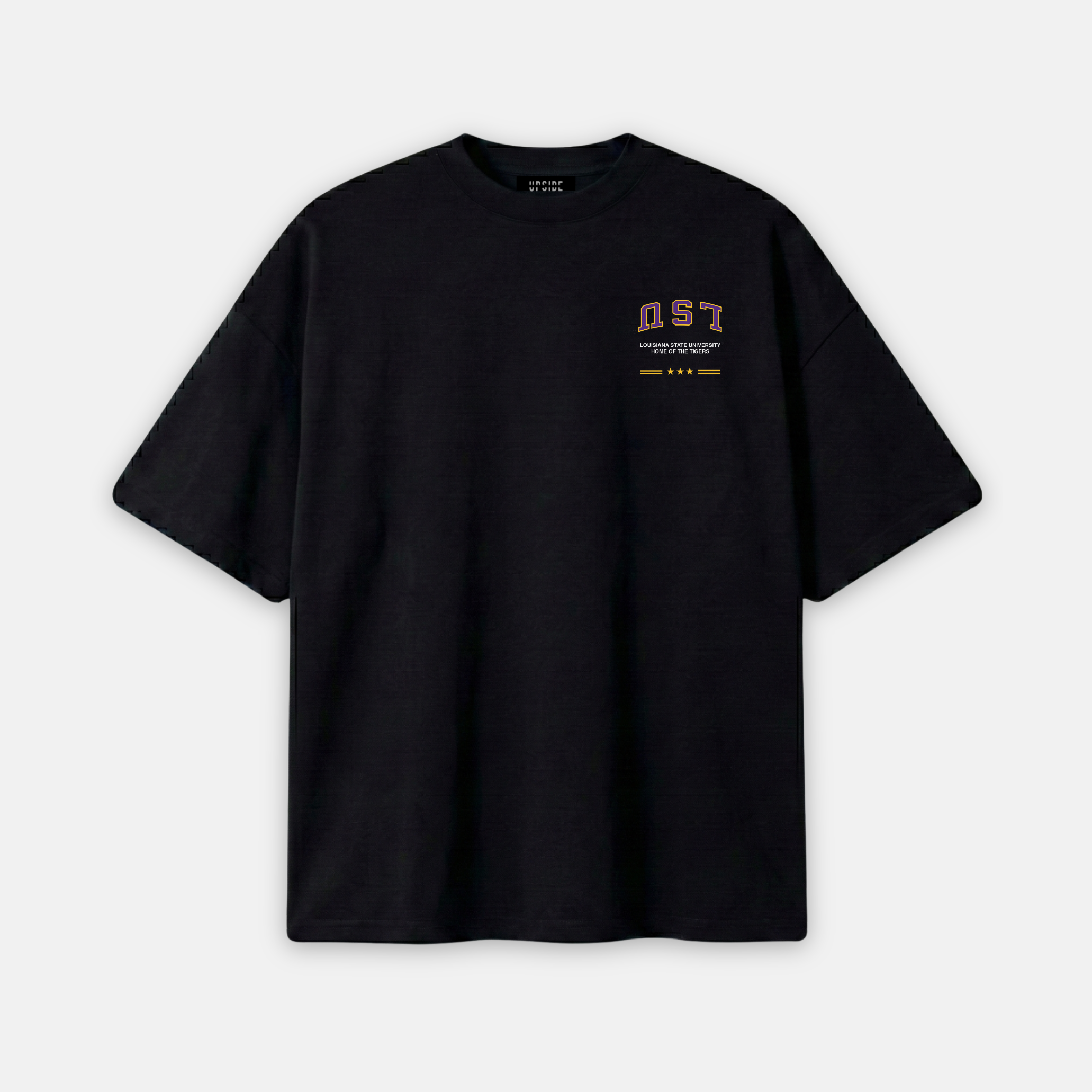 Black t-shirt with a logo on the chest against a light gray background