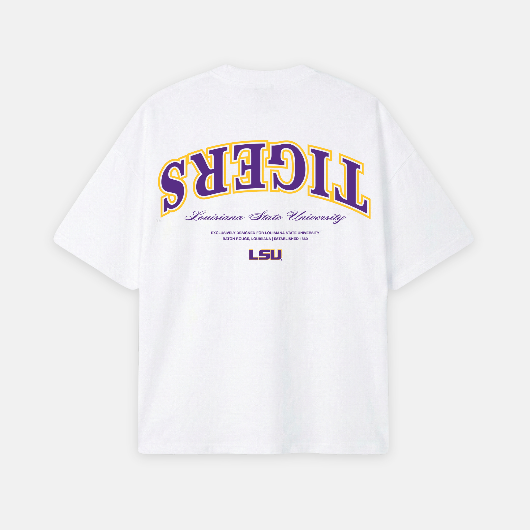 White t-shirt with LSU Tigers logo on a white background