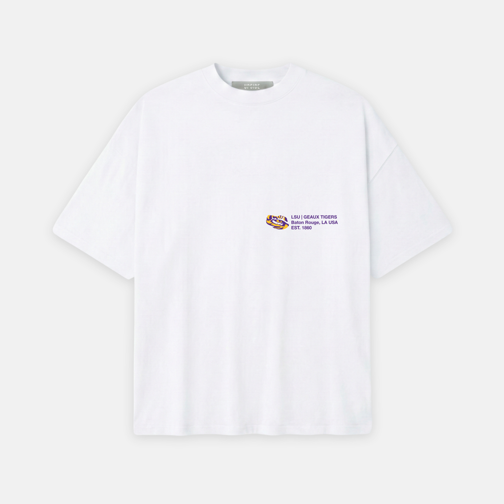 White t-shirt with a small logo on a white background