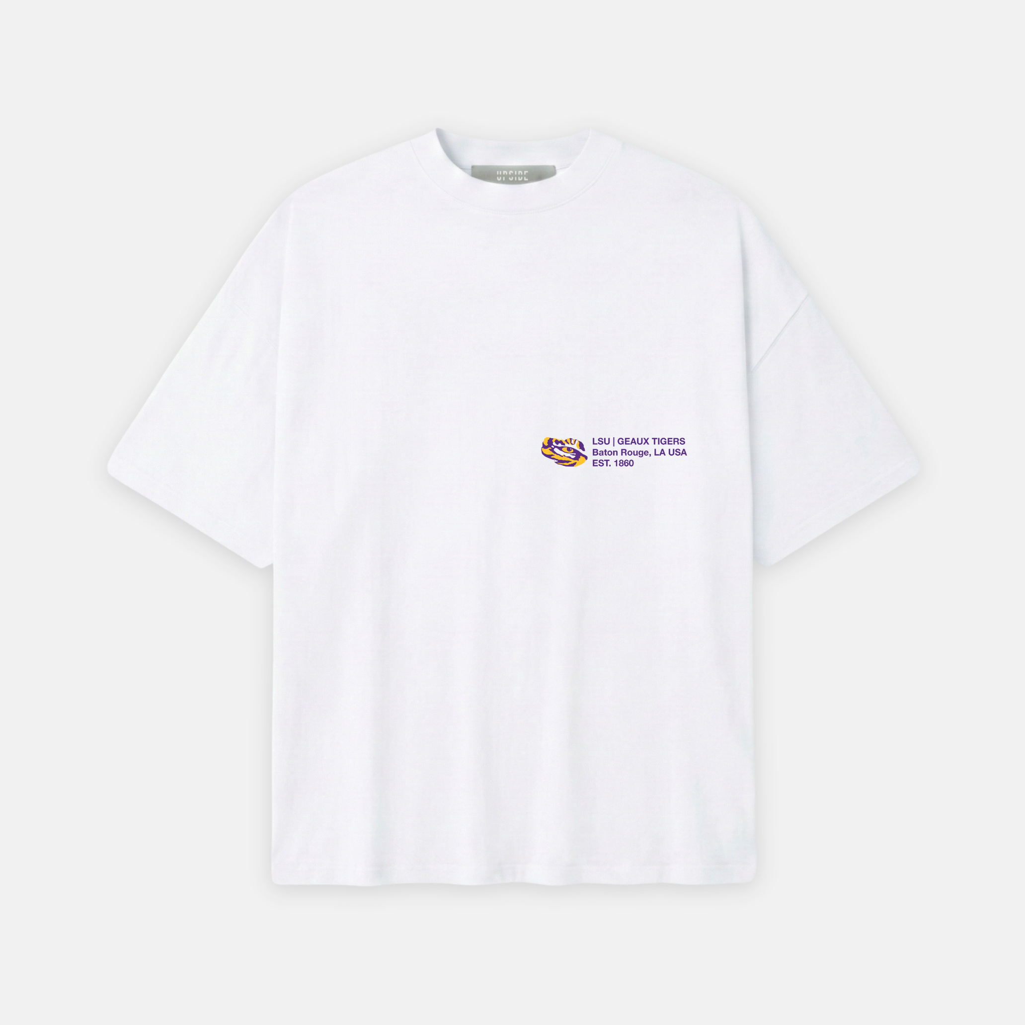 White t-shirt with a small logo on a white background