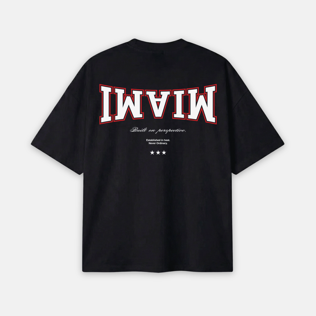 Black t-shirt with 'MIAMI' printed on the back against a white background