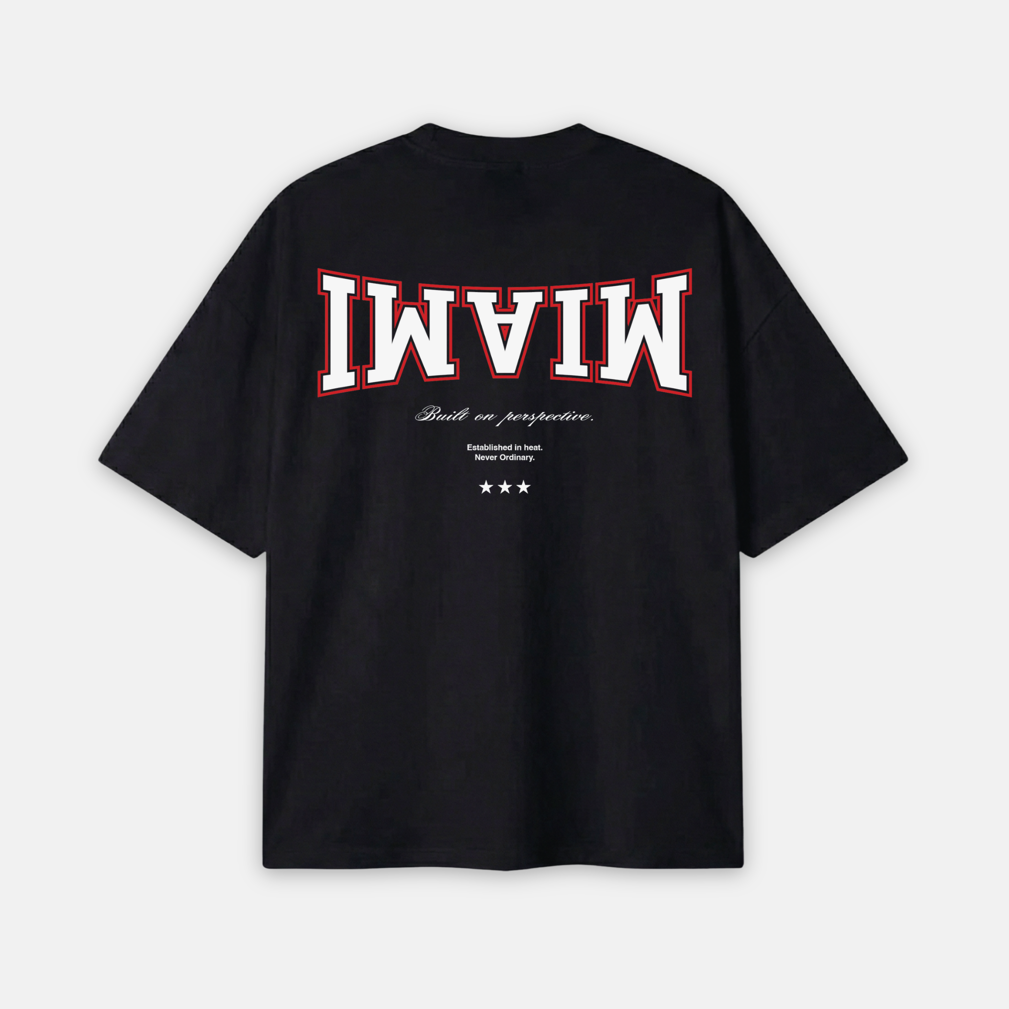 Black t-shirt with 'MIAMI' printed on the back against a white background