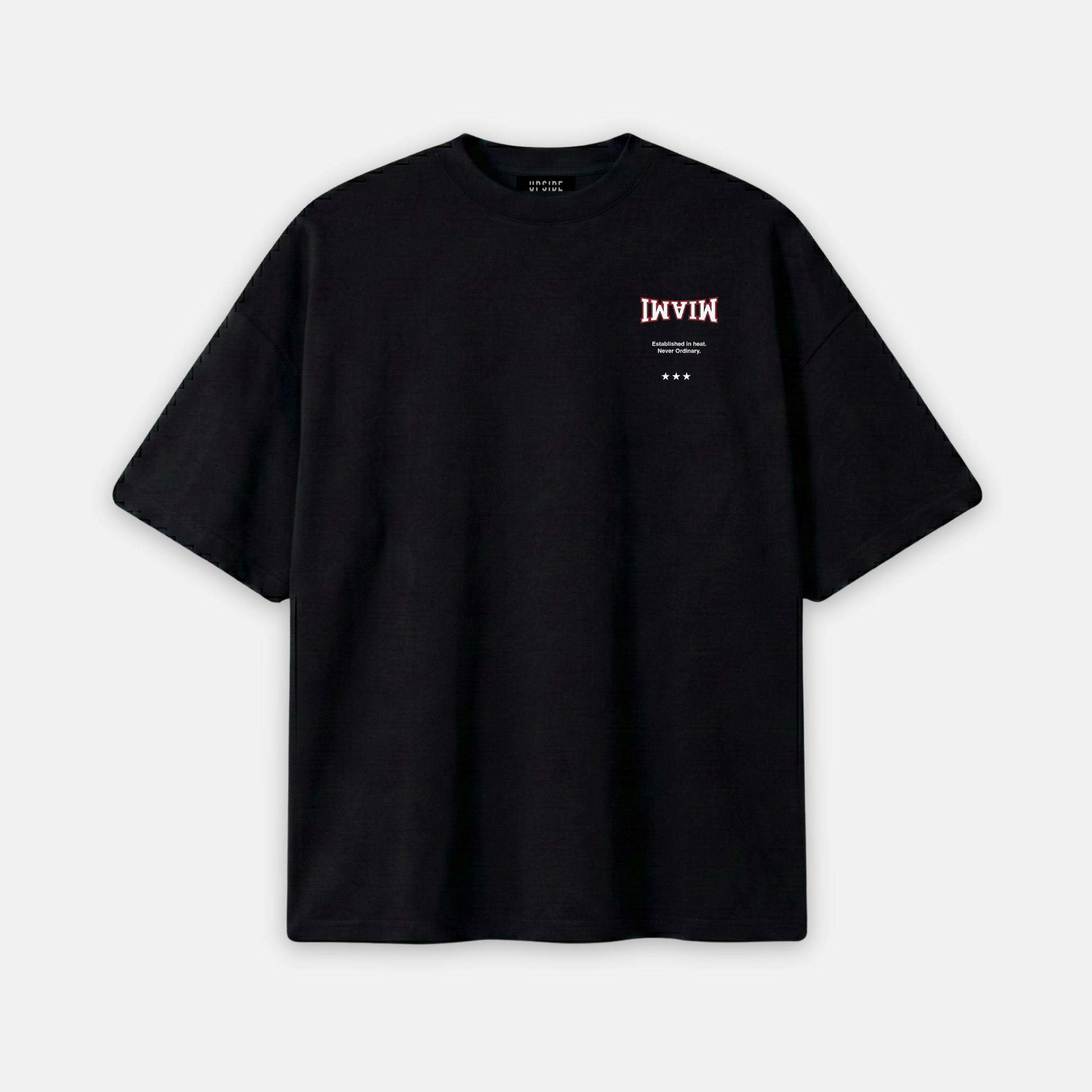 Black t-shirt with a small logo on the chest against a white background