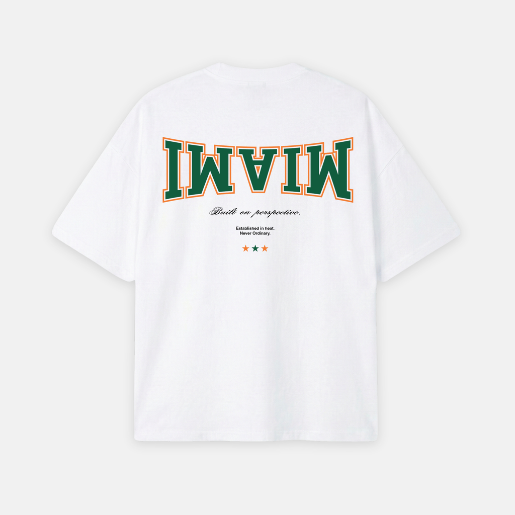 White t-shirt with 'MIAMI' text in green and red on a white background