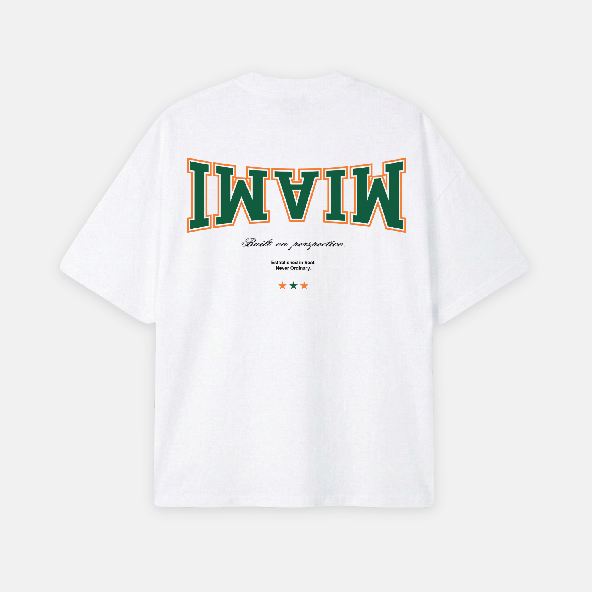 White t-shirt with 'MIAMI' text in green and red on a white background