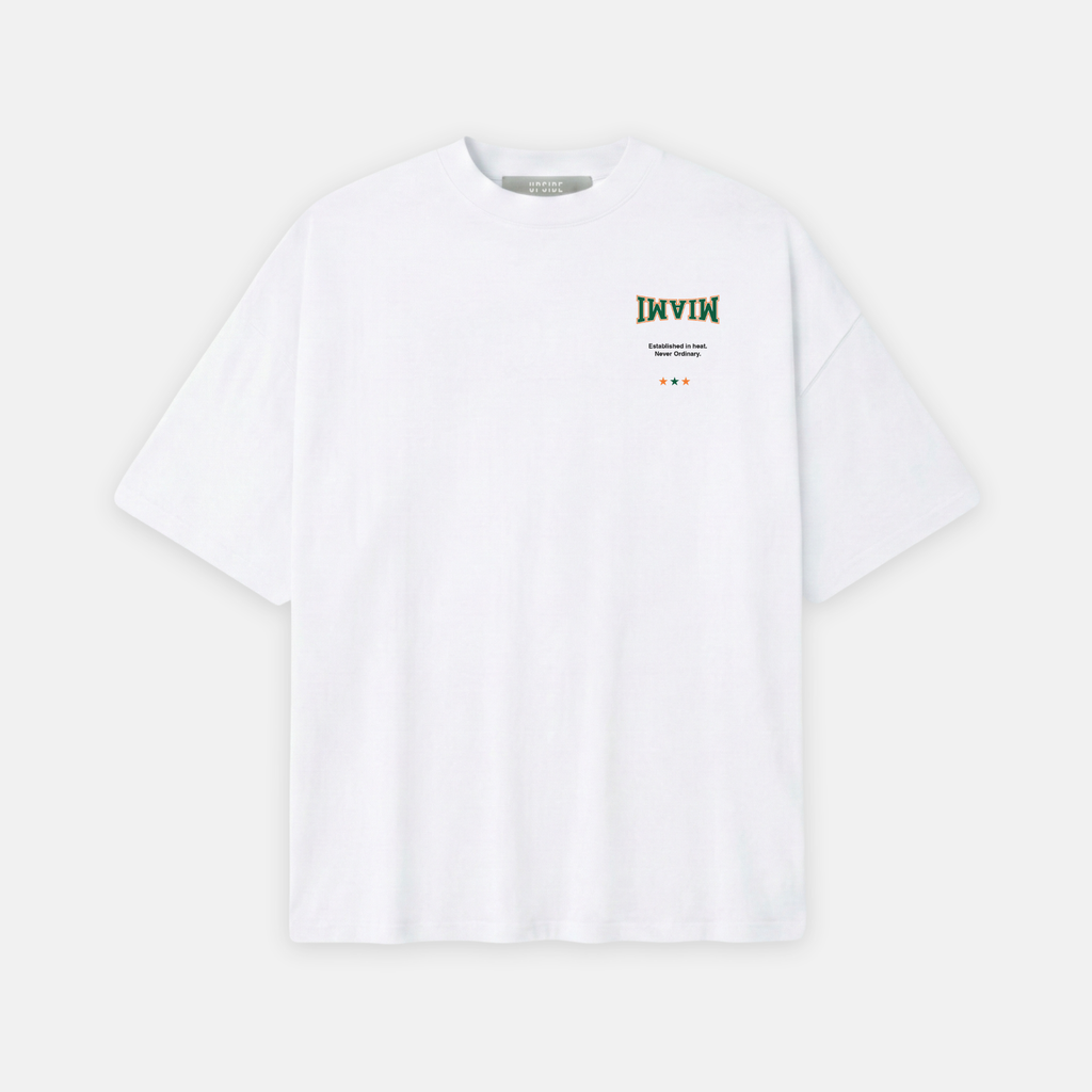 White t-shirt with a brand logo on a white background