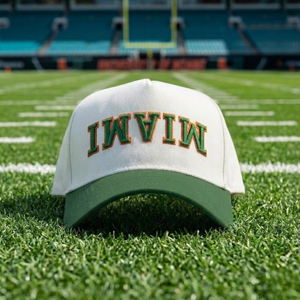 White cap with 'MIAMI' on a football field