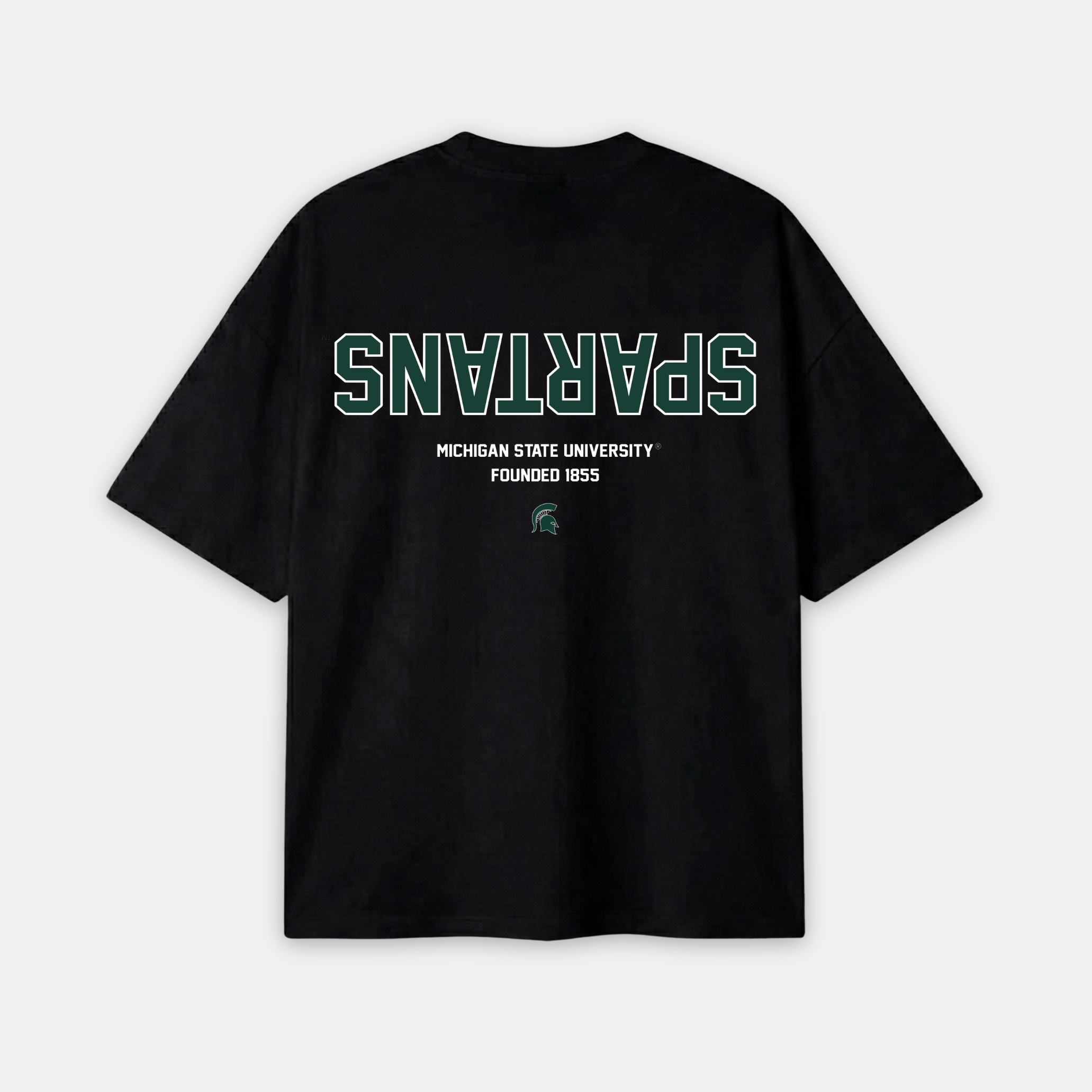 Black t-shirt with 'Spartans' and 'Michigan State University Founded 1855' text on the back against a white background