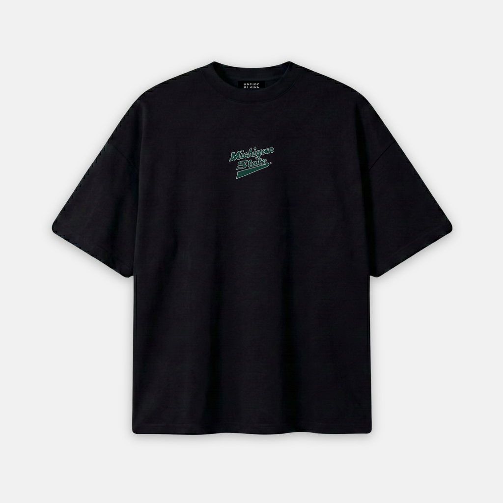 Black t-shirt with white text on a light gray background