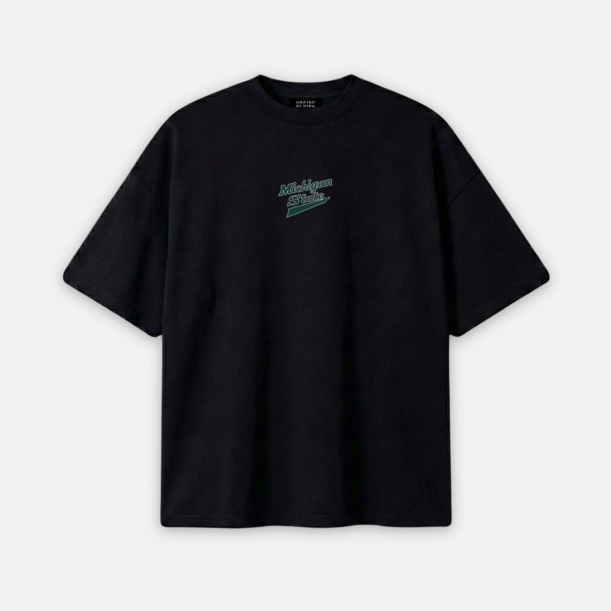 Black t-shirt with white text on a light gray background