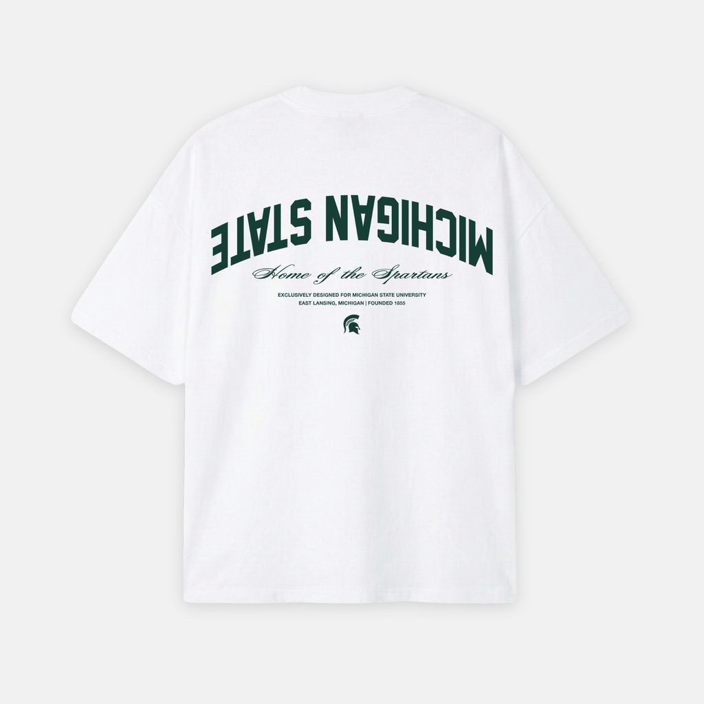 White t-shirt with Michigan State text and logo on a white background