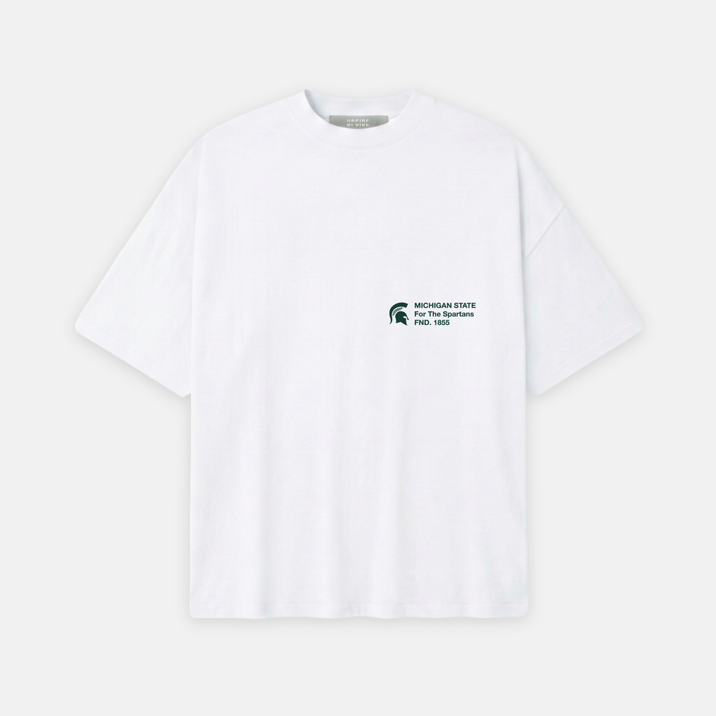 White t-shirt with a logo on the chest against a white background