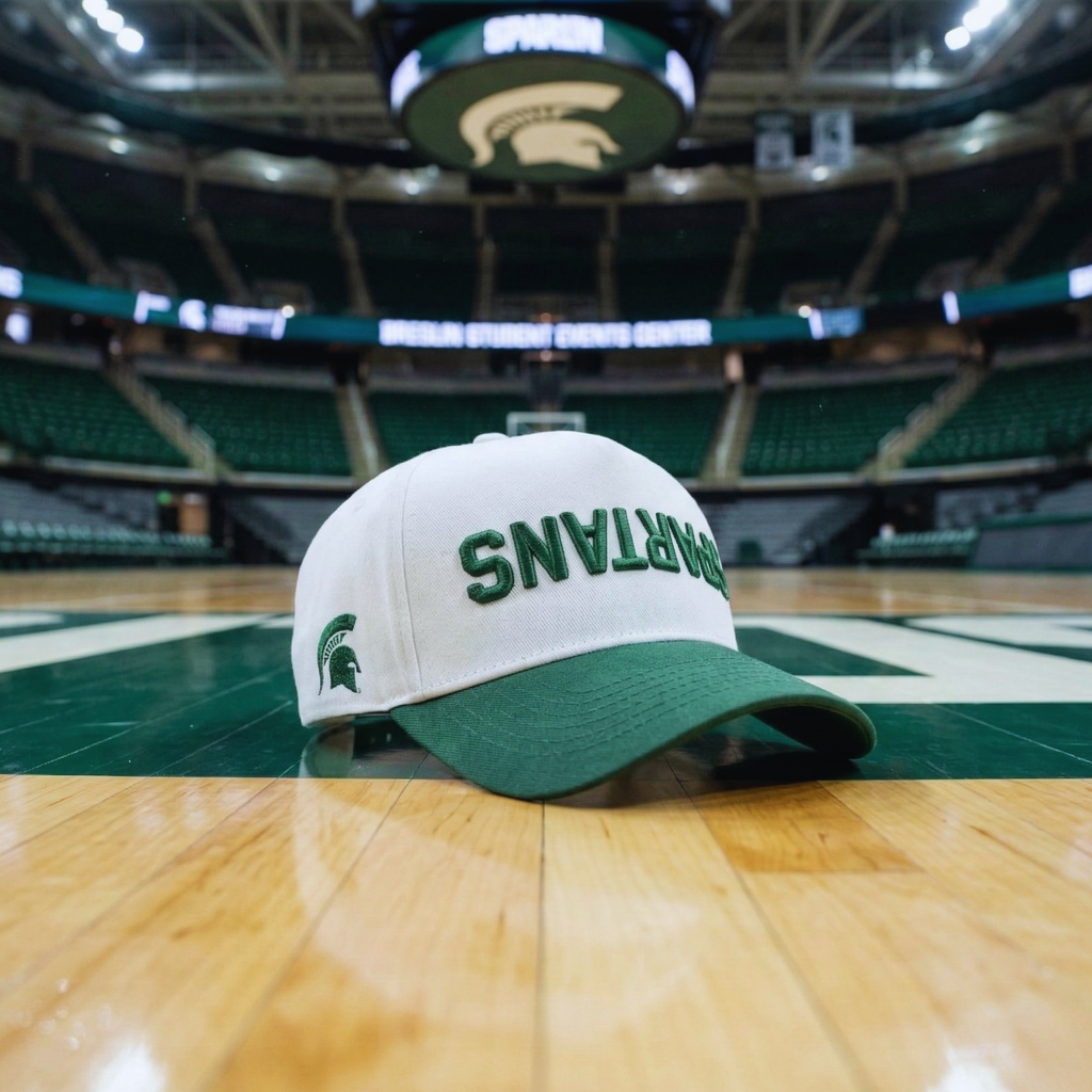 Green and white cap with 'SPARTANS' on a basketball court