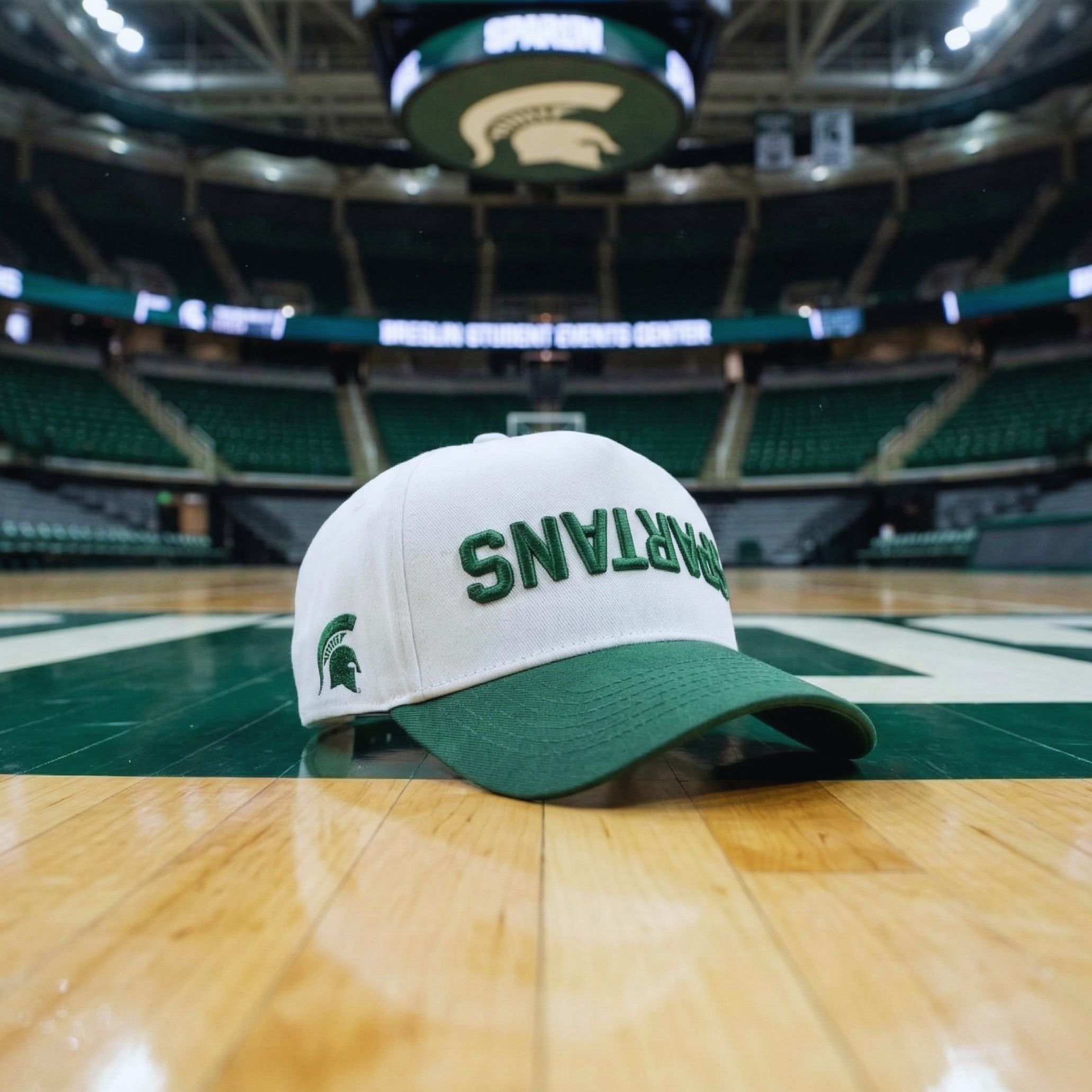 Green and white cap with 'SPARTANS' on a basketball court