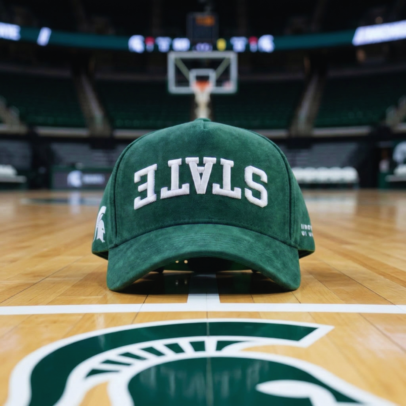 Green cap with 'STATE' upside down text on a basketball court