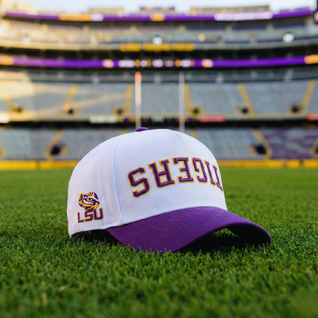 LSU Tigers cap on a football field with stadium in the background